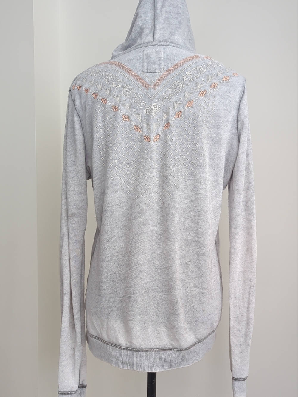 Roxy Light Gray and Pink Embroideres Hooded Zip Sweater - Picture 7 of 8